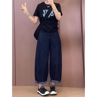 夏大码 女宽松阔腿裤 弯刀裤 小个子高腰九分裤 薄款 显瘦老爹裤 牛仔裤