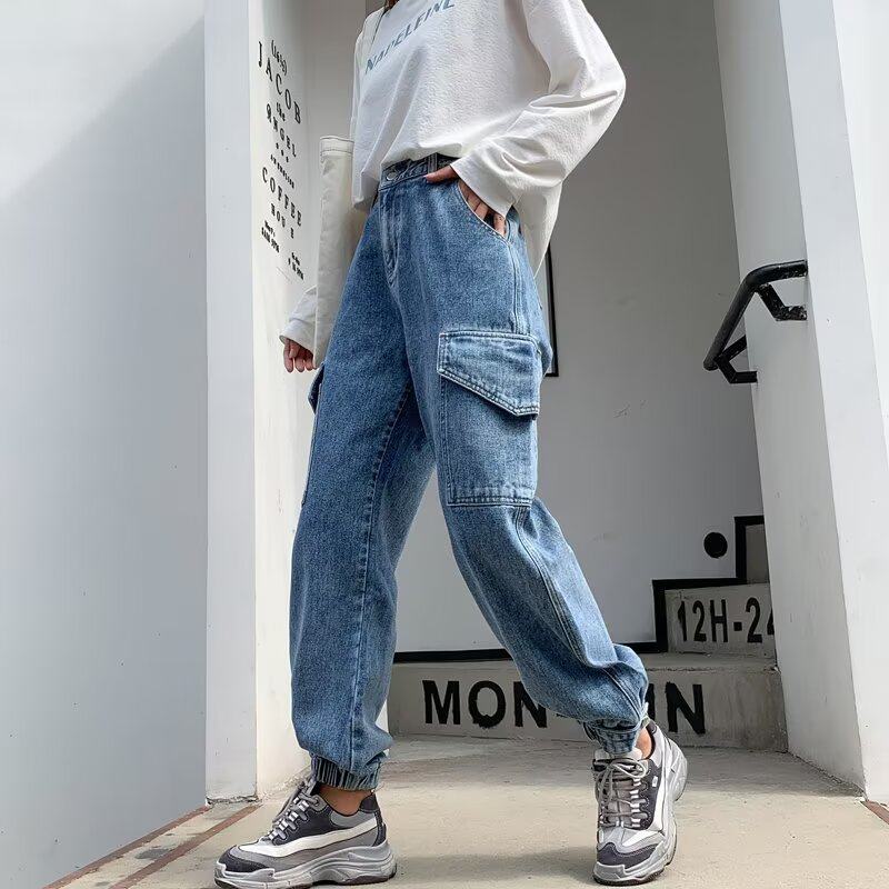 工装牛仔裤女2025秋季新款大码高腰宽松显瘦直筒束脚哈伦老爹裤