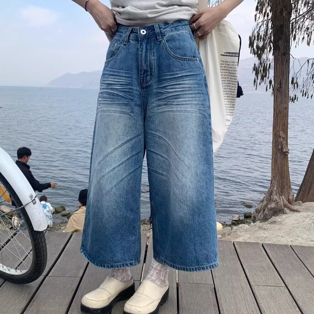 浅色牛仔七分裤女夏季新款设计感褶皱直筒短裤大码宽松阔腿中裤子