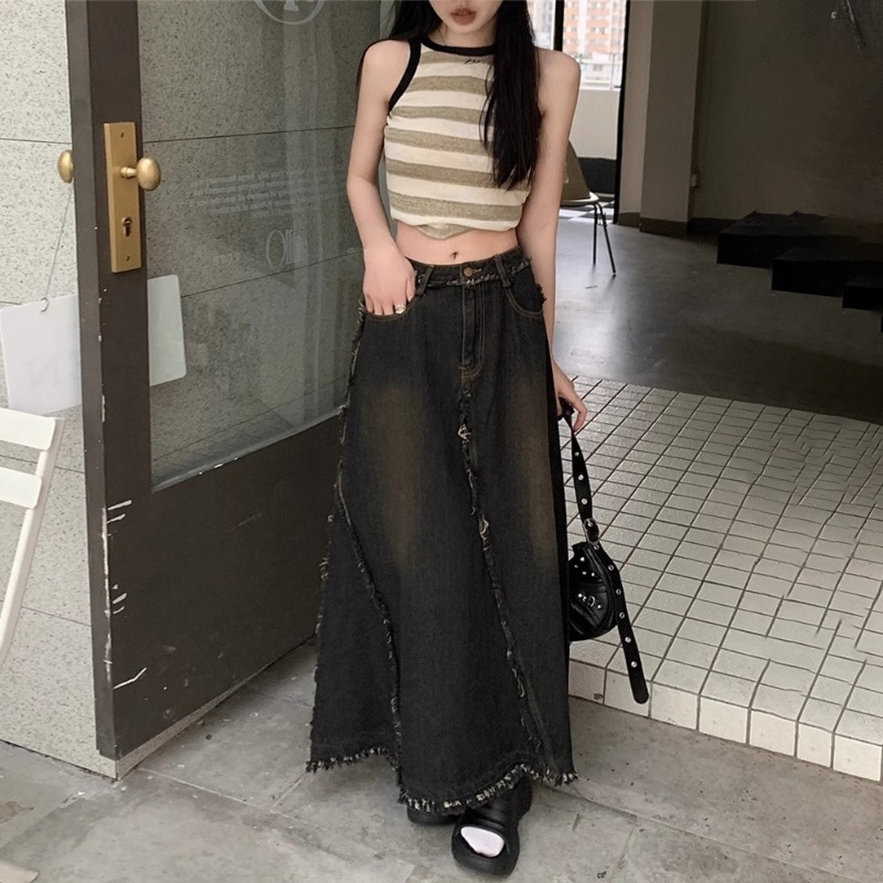 复古高腰大摆牛仔半身裙女