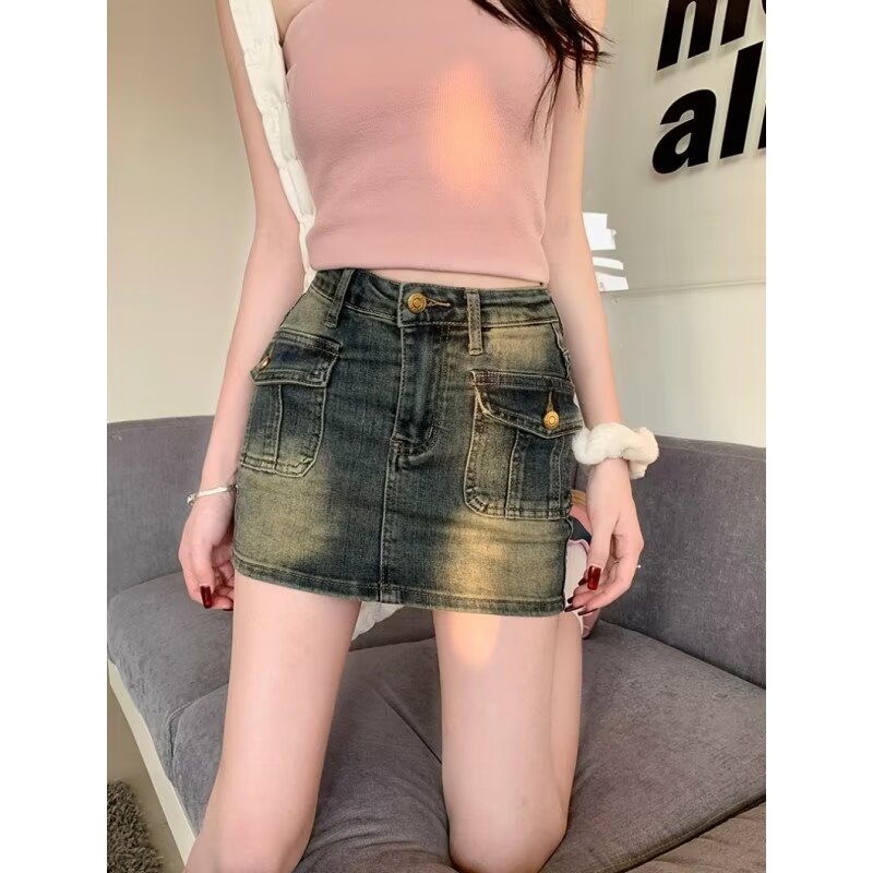 大码复古深蓝色工装牛仔半身裙女夏季防走光a字裙子高腰包臀短裙
