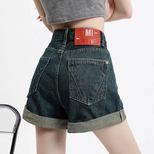 美式复古阔腿卷边牛仔短裤女