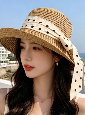 法式优雅波点蝴蝶结遮阳草帽女