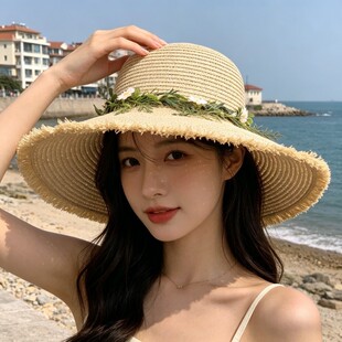 2026新款花朵装饰草帽女夏季宽檐遮阳帽大檐防晒沙滩帽度假编织帽