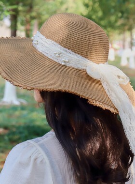 海边度假高级感女蝴蝶结时尚女士出游大帽檐防晒沙滩帽子防紫外线