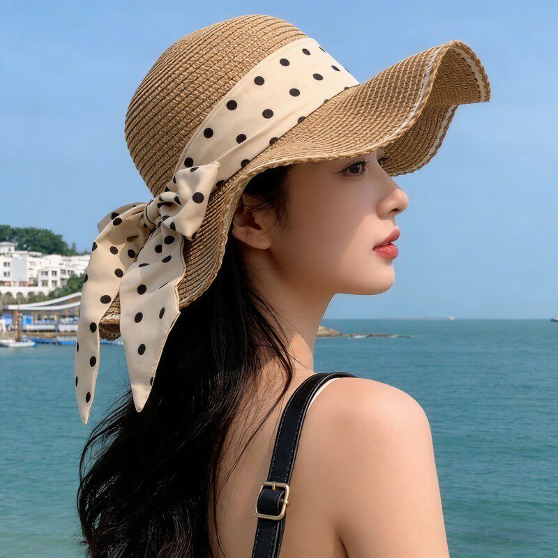 法式大帽檐防晒帽草帽氛围感蕾丝帽女夏季编织遮阳帽沙滩海边度假