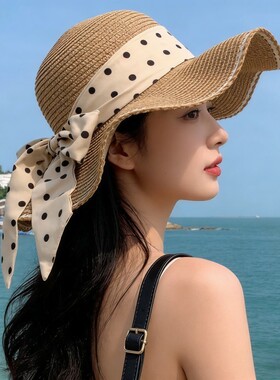 法式大帽檐防晒帽草帽氛围感蕾丝帽女夏季编织遮阳帽沙滩海边度假