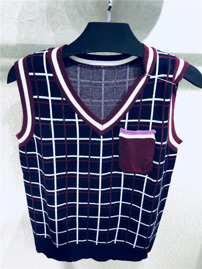 H0166撞色格子针织背心马甲QW00767