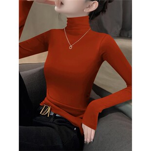 2024新款橘红色打底衫秋冬高领修身长袖内搭T恤女外穿薄款上衣潮