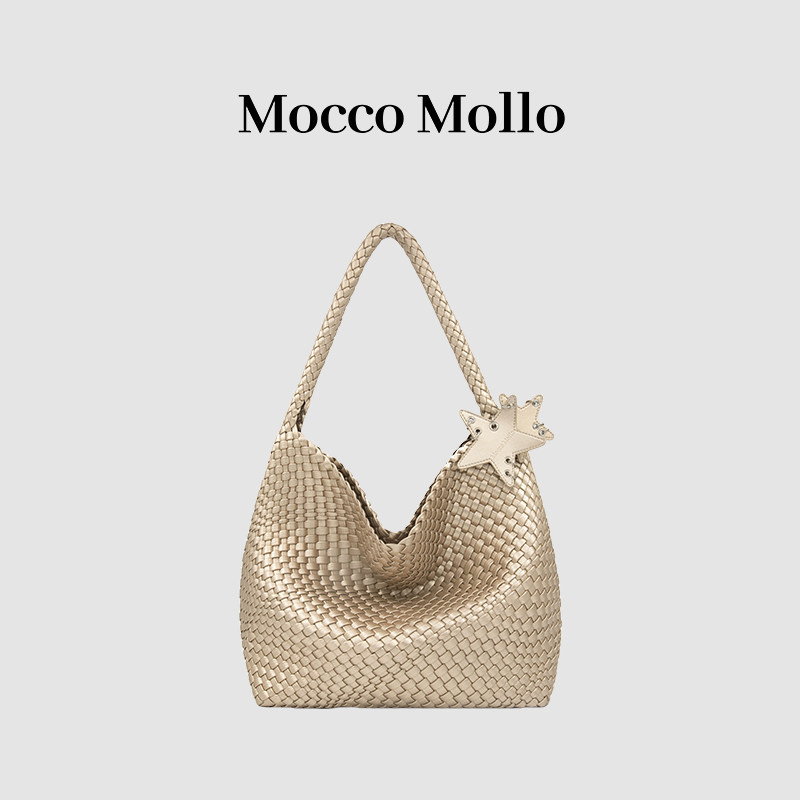Mocco Mollo2026包包女新款托特包大容量金色编织包通勤百搭女包