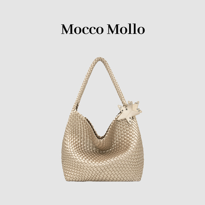 新款托特包大容量金色编织包通勤