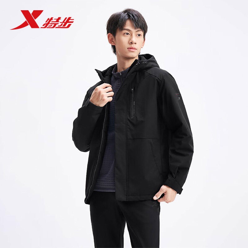 特步运动薄棉服男2025冬季新款防风保暖连帽棉衣外套975429170004