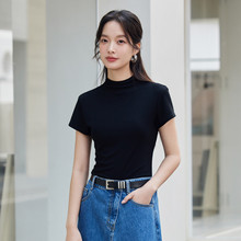 茵曼2025夏季新款半高领正肩短袖T恤女修身显瘦上衣黑色爆款休闲