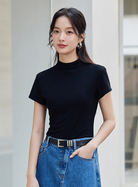 茵曼2026春季新款半高领正肩短袖T恤女修身显瘦上衣黑色爆款休闲
