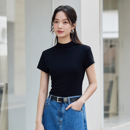 茵曼2026春季新款半高领正肩短袖T恤女修身显瘦上衣黑色爆款休闲