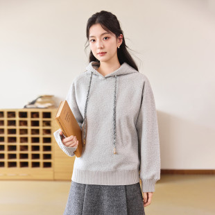 茵曼2026秋季新款长袖卫衣毛衣外套女士连帽宽松百搭休闲落肩上衣