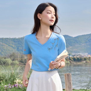 减龄显瘦上衣爆款 茵曼2025夏季 T恤V领女宽松版 新款 纯棉正肩短袖