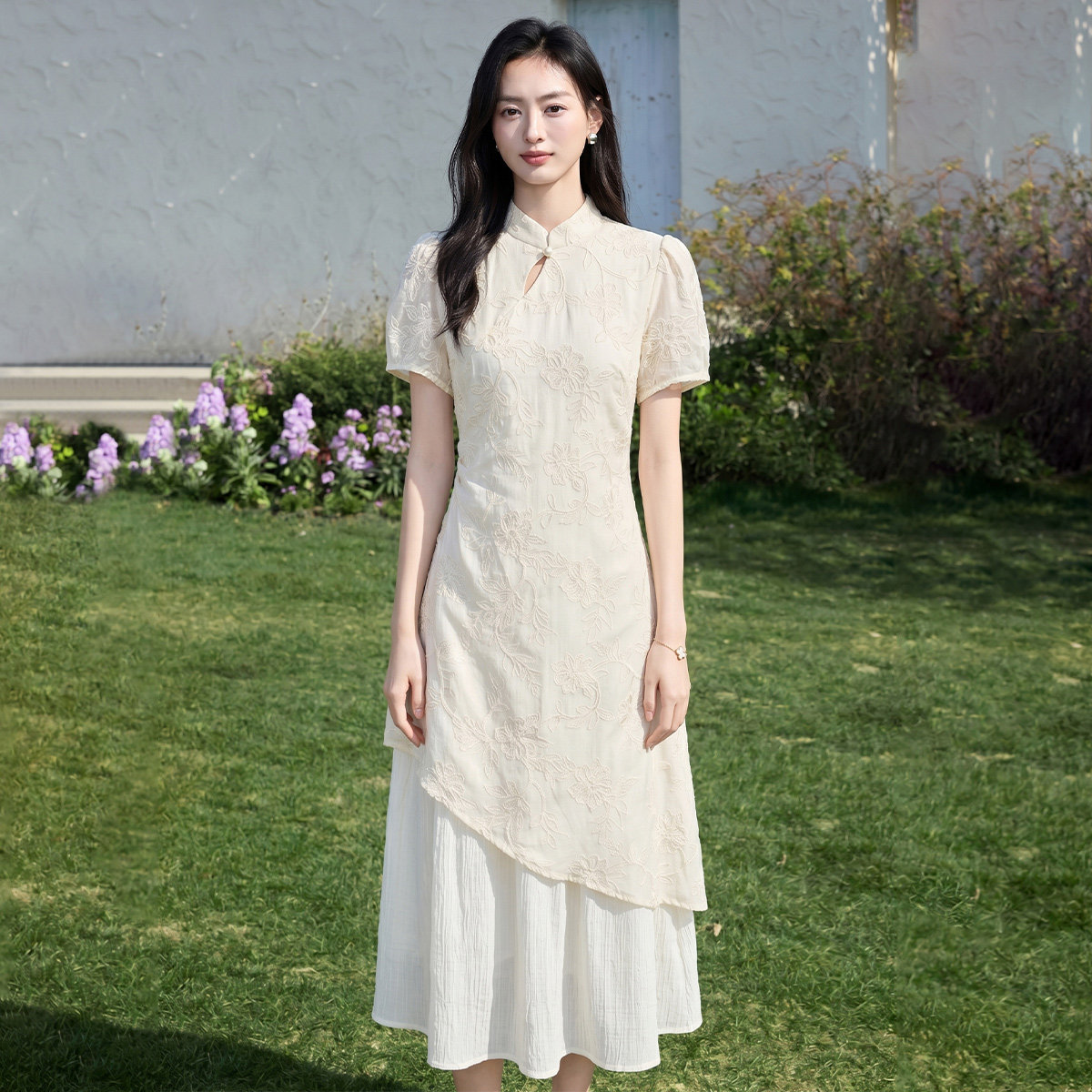 茵曼2026夏季新款新中式改良旗袍不规则连衣裙女温柔气质显瘦长裙