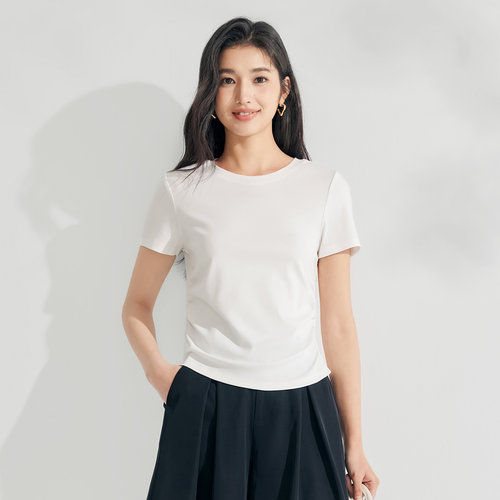 茵曼2026夏季新款显瘦短袖t恤女短款正肩圆领休闲百搭上衣女白色