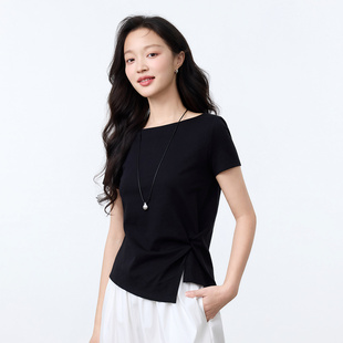 茵曼2026夏季新款不规则正肩短袖T恤女士小众设计感修身收腰上衣