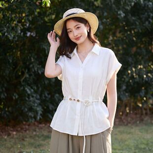 茵曼2026夏季新款简约休闲百搭翻领短袖衬衫女基础款收腰显瘦上衣