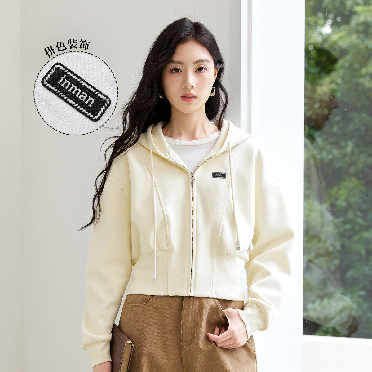 茵曼2025秋季新款短款连帽卫衣外套女长袖宽松运动休闲上衣开衫