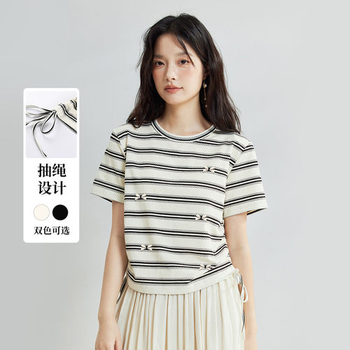 茵曼2026夏季新款条纹短袖T恤女正肩收腰显瘦宽松圆领上衣爆款