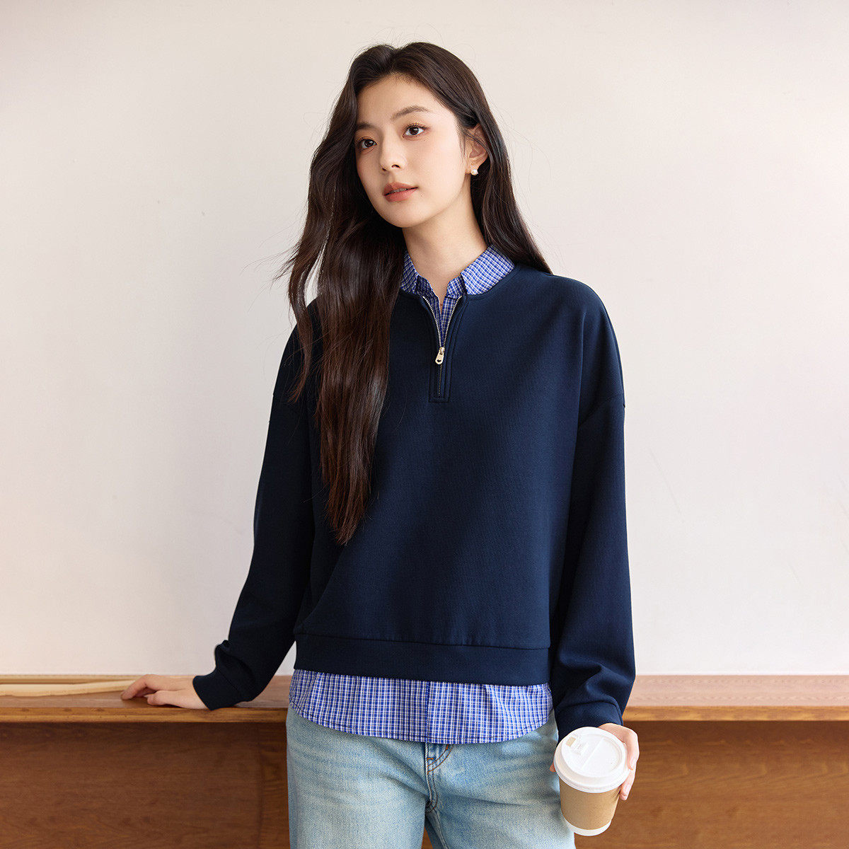 茵曼2026秋季新款卫衣外套女长袖宽松显瘦假两件拼接撞色百搭上衣