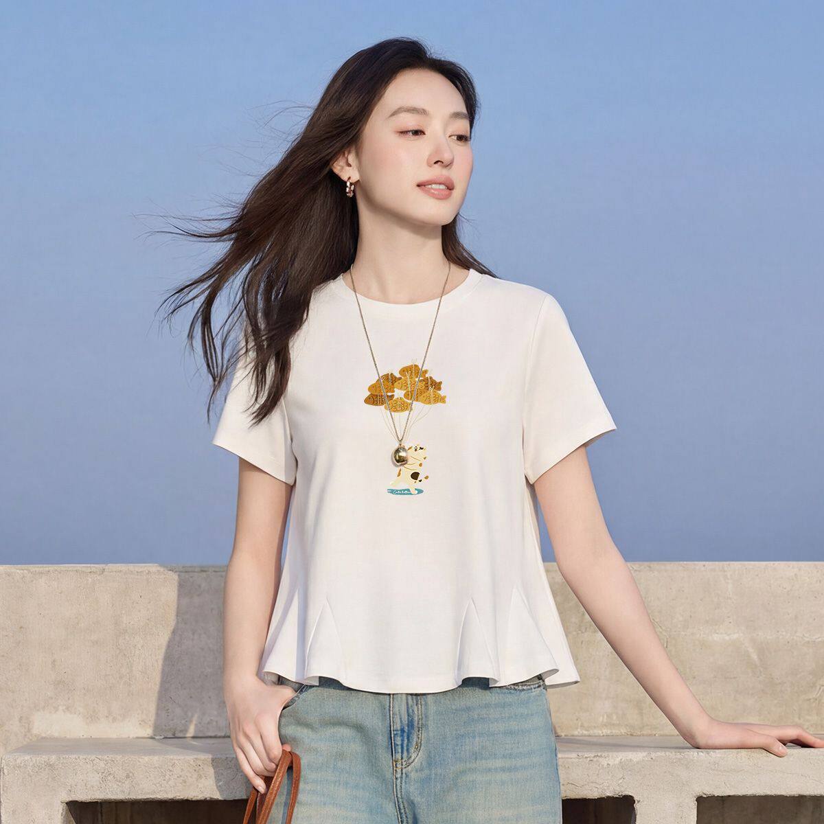 茵曼2026夏季新款清新甜美荷叶边圆领短袖T恤女舒适宽松显瘦上衣