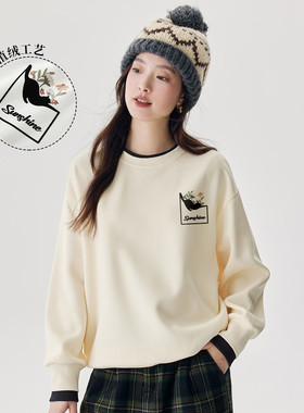 茵曼2025秋季新款落肩长袖卫衣外套女士撞色拼接学院风上衣打底衫