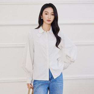 茵曼2026秋季新款时尚百搭长袖衬衫女士宽松显瘦翻领白色上衣外套