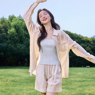 女上衣夏日轻薄宽松轻奢高级感亚麻 茵曼2025夏季 新款 防晒长袖 衬衫