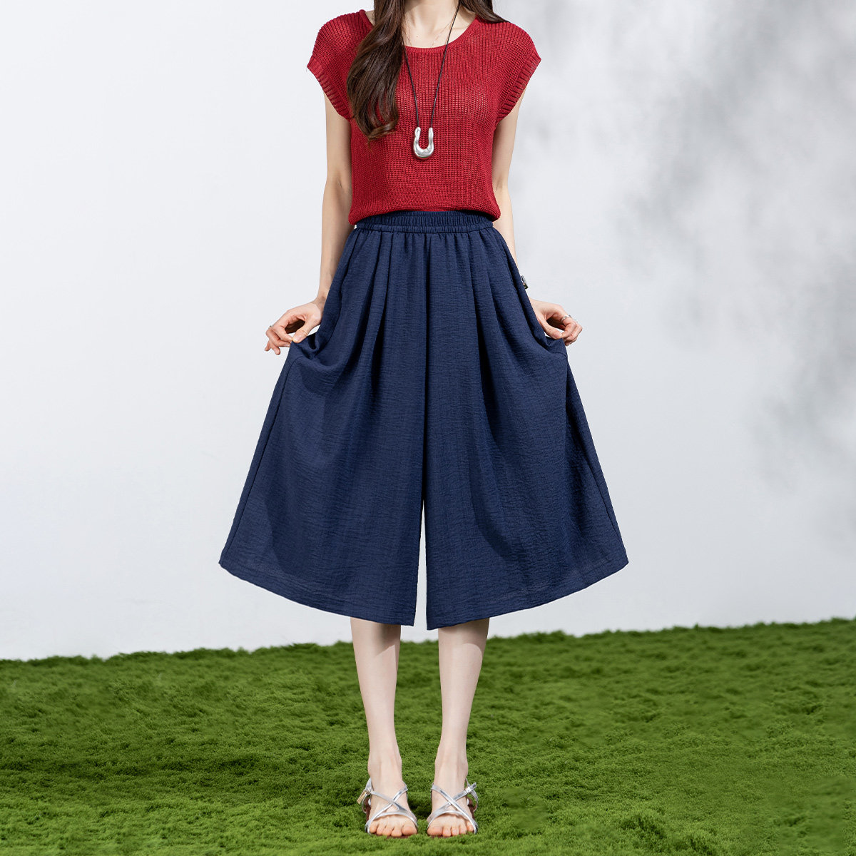 茵曼2026夏季新款高腰休闲宽松阔腿短裤女时尚松紧腰七分薄款裤裙