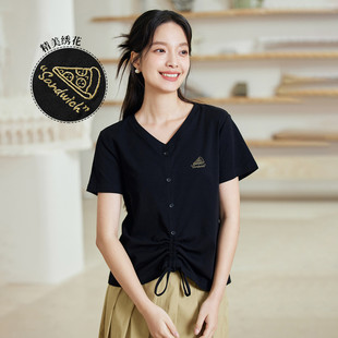 上衣黑色 茵曼2025夏季 新款 收腰显瘦正肩短袖 T恤女独特超好看爆款
