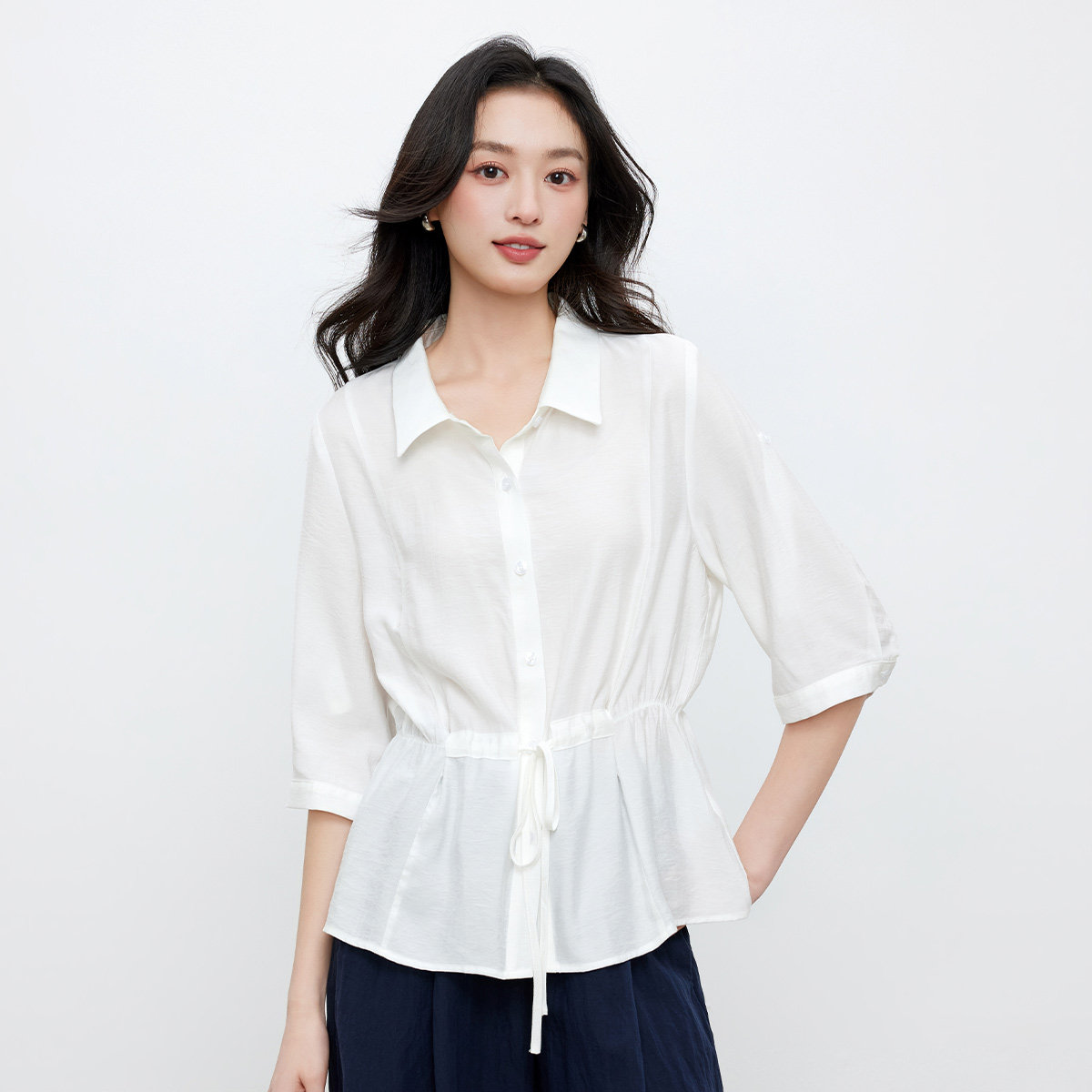 茵曼夏季七分袖收腰显瘦衬衫女