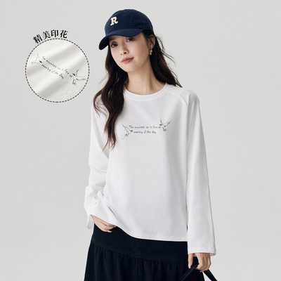 茵曼2025秋季新款纯棉长袖T恤女印花白色宽松版上衣爆款百搭显瘦