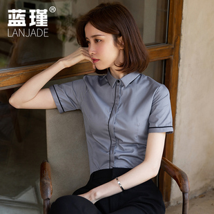 短袖衬衫女灰色夏天新款韩版方领白衬衣职业气质工装正装工作服薄