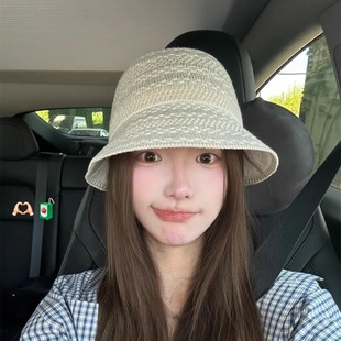 韓版 遮陽帽盆帽 防曬百搭漁夫帽顯臉小時尚 純色鏤空編織帽子女夏季