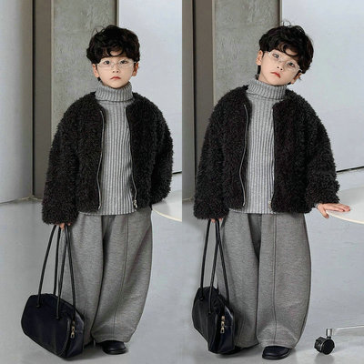 儿童灰色毛毛短外套高领毛衣秋冬