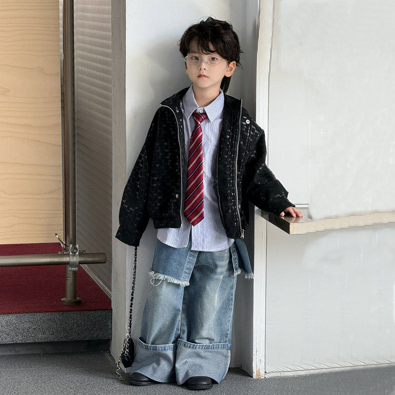 男童皮衣外套黑色短款复古时尚夹克春秋儿童上衣裙帘阔腿裤套装潮