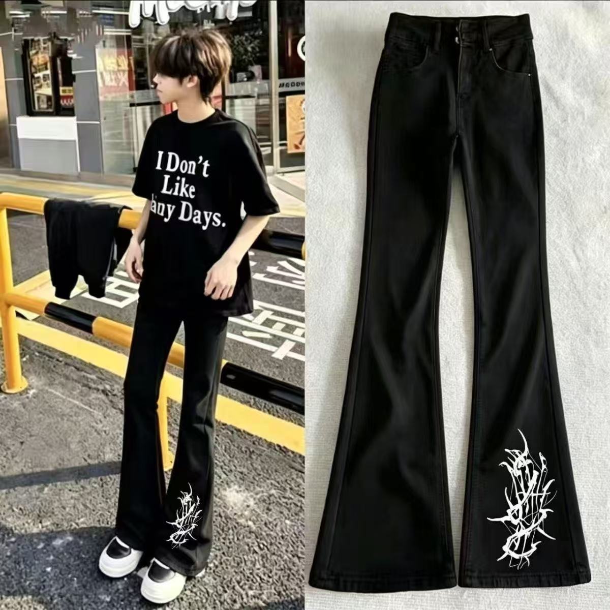 美式潮流印花牛仔裤个性图案男女轻奢高街潮牌黑色显瘦直筒微喇裤