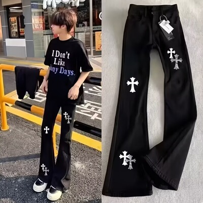 烫画美式轻奢十字架高街潮牌牛仔裤男女夏季长裤新款潮流微喇裤