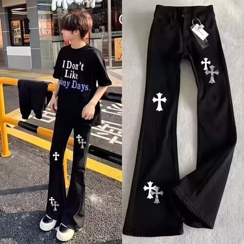 烫画美式轻奢十字架高街潮牌牛仔裤男女夏季长裤新款潮流微喇裤