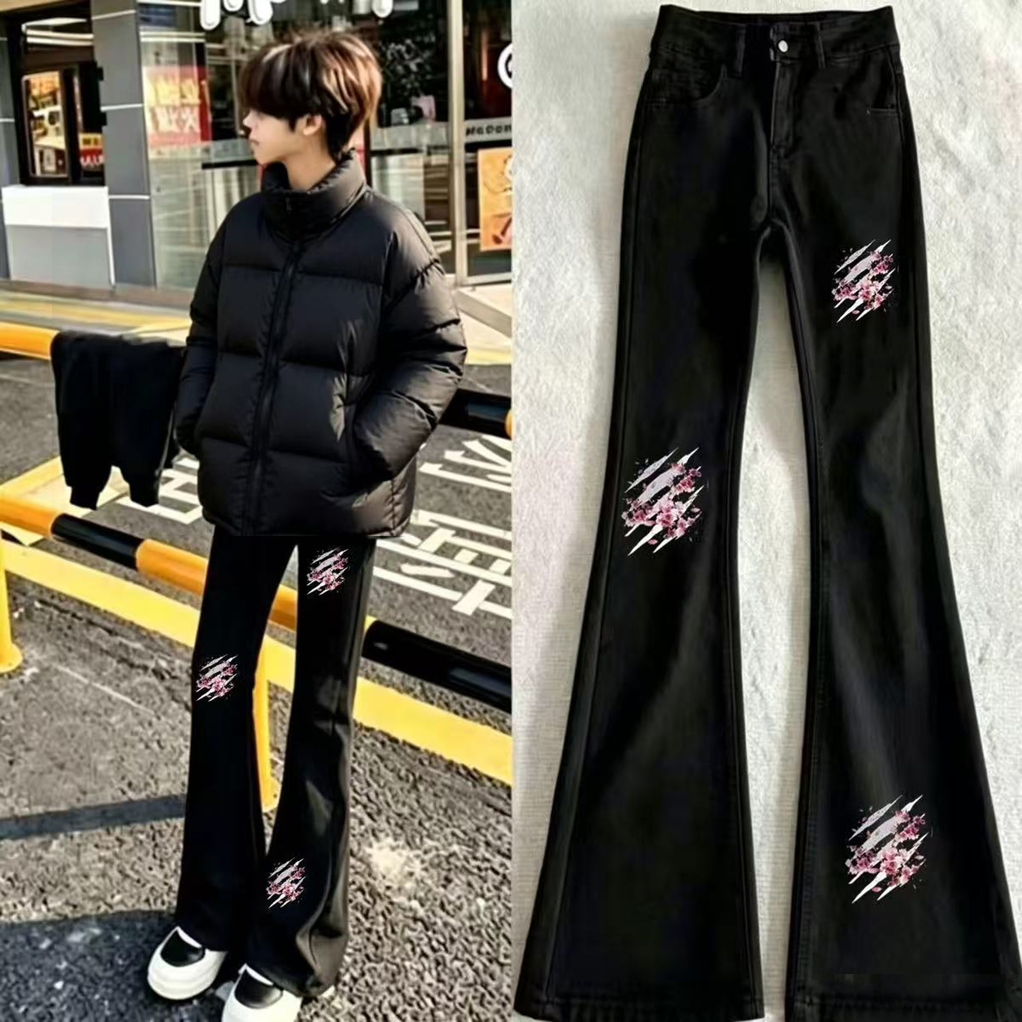 美式轻奢印花弯刀牛仔裤男女网红同款韩版时尚百搭微喇长裤男潮