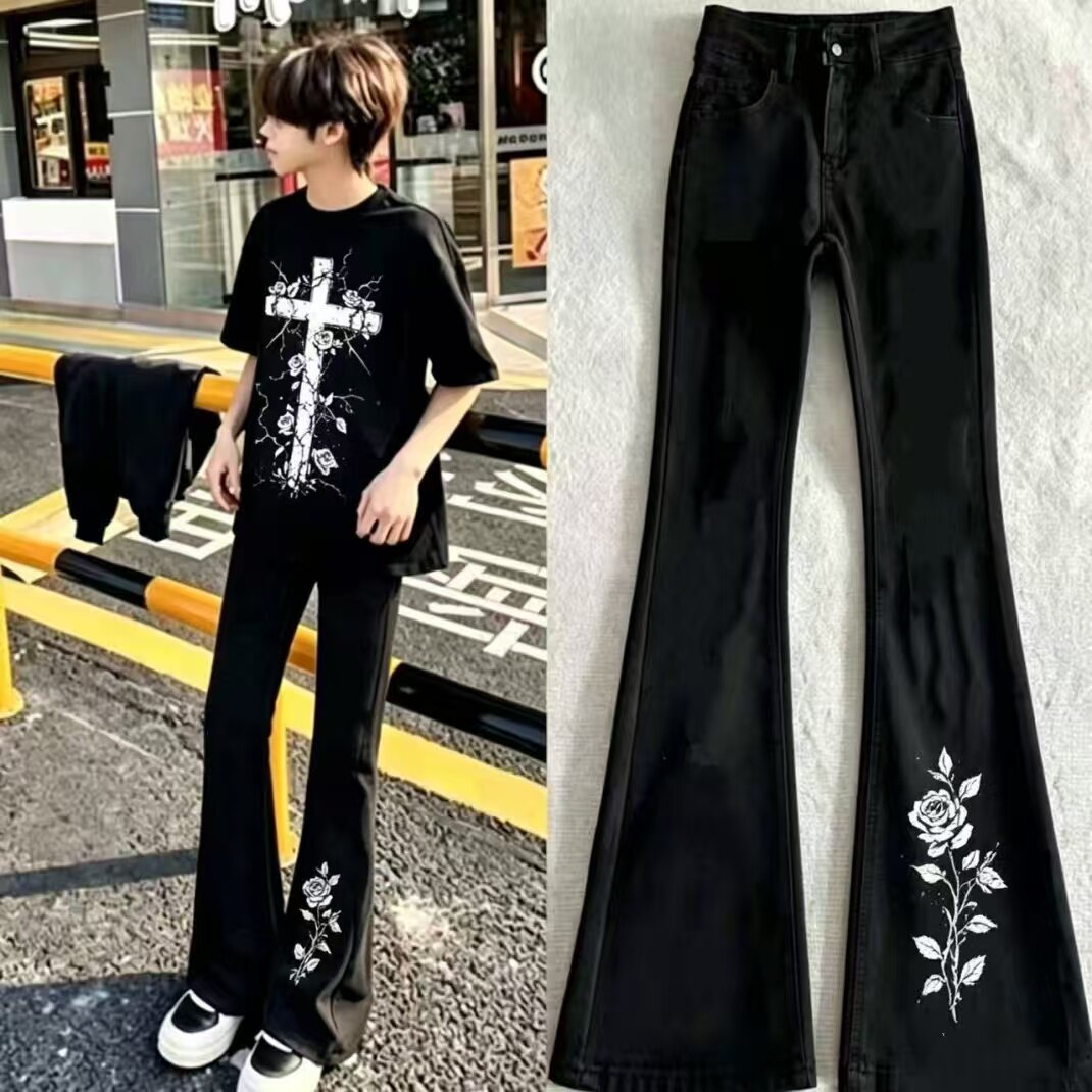 轻奢潮牌玫瑰印花牛仔裤男女春秋新款韩版潮流青少年百搭微喇裤男