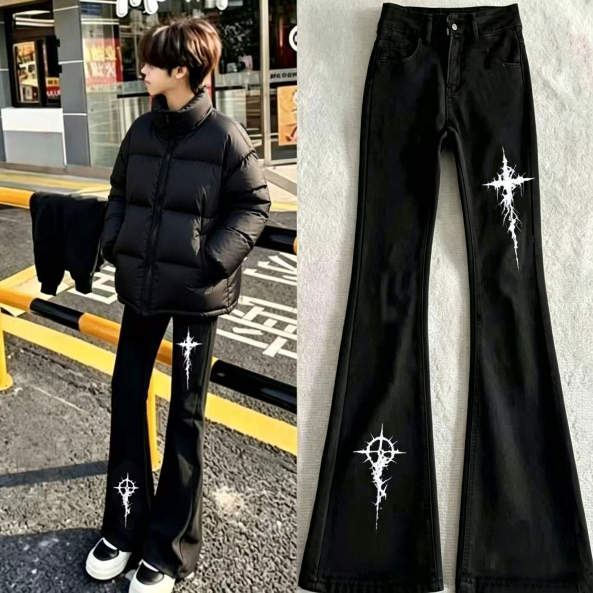 美式轻奢cleanfit潮牌十字架印花牛仔裤男女爆款潮流直筒微喇裤男