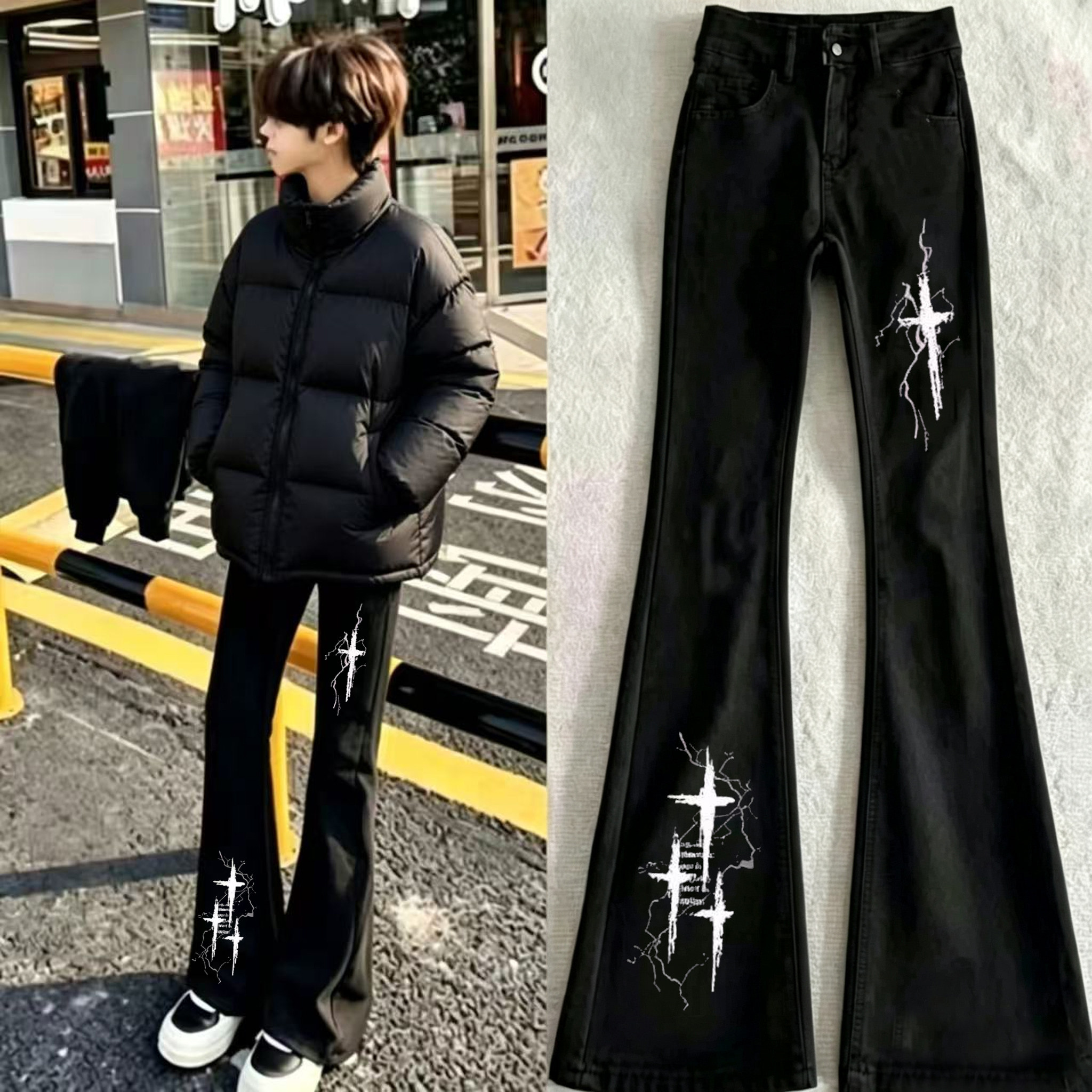 高街美式复古闪电十字架牛仔裤男潮牌痞帅嘻哈直筒微喇叭vibe裤子