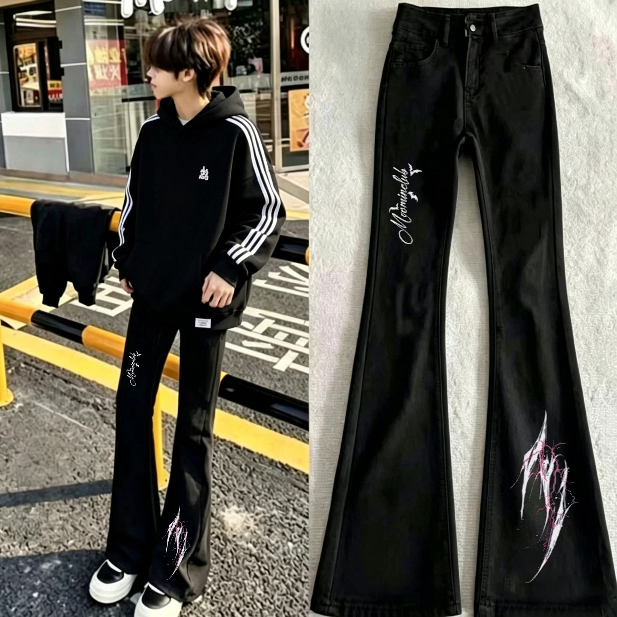 潮牌美式高街新款印花牛仔裤男女秋季情侣爆款潮流青少年微喇裤男