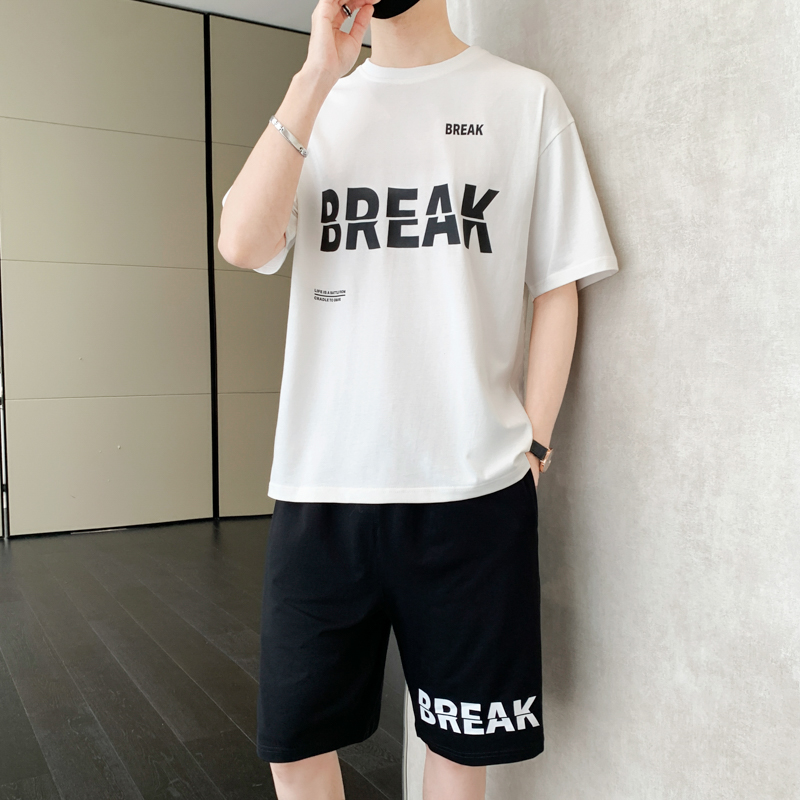 高端夏季潮牌休闲套装男装新款宽松冰丝短袖短裤穿搭一套衣服ins