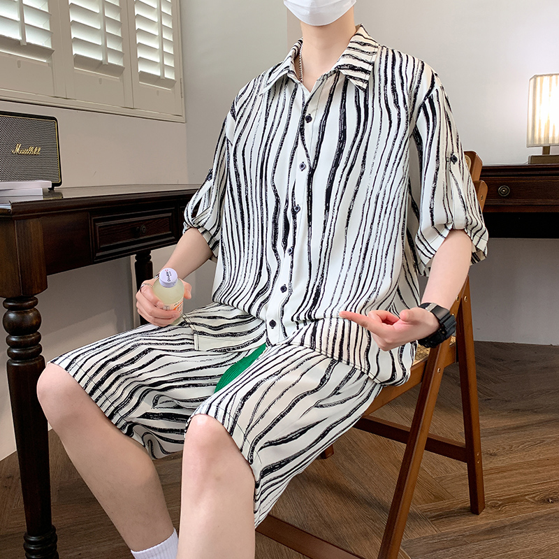 高端短袖t恤套装男夏装季潮流衬衫领冰丝半袖体恤休闲百搭潮牌两